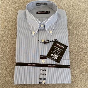 Kirkland Signature Men's White and Blue Pinstripe Dress Shirt